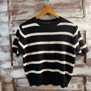 Classic Black & White Striped Short-Sleeve Knit Sweater